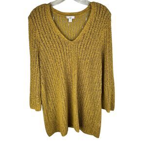 J. Jill Textured Mustard Open Stitch‎ Knit V Neck Sweater Top Mustard L